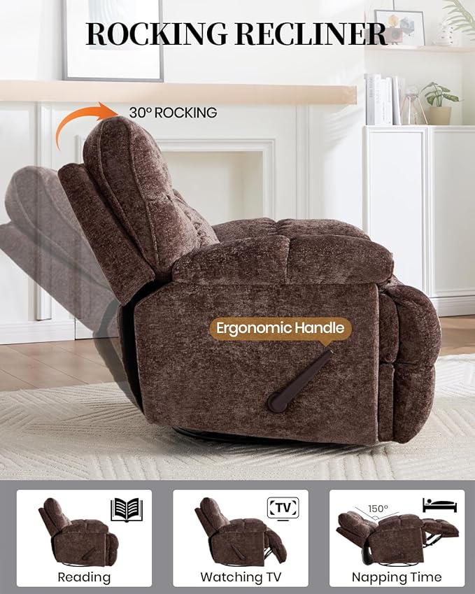 Oversized Recliner Chair Manual Swivel Rocker Recliner for Living Room Chenille Overstuffed Nursery Reclining Sofa Chair Rocking Recliners for Adults 400lbs (Manual, Brown)