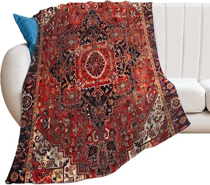 Heriz Antique Vintage Boho Persian Carpet Flannel Fleece Throw Blankets 50"X40" Lightweight Fluffy Winter Fall Blanket Cozy Soft Fuzzy Plush Home Decor for Couch Bed Sofa Bedroom Living Room Travel