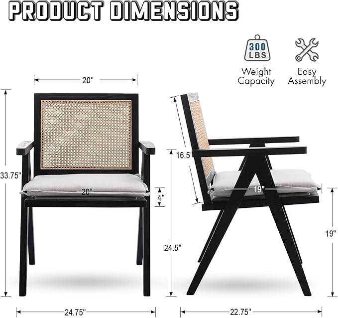Rattan Dining Chairs Set of 4, Farmhouse Wicker Dining Chairs with Removable Linen Cushion Accent Cane Armchair for Dining Room Kitchen Restaurant, Black
