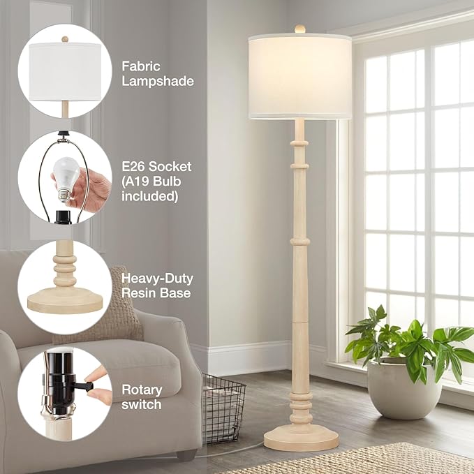 Floor Lamps for Living Room - 60" Resin Farmhouse Floor Lamp with 3 Color Temperatures - Vintage Standing Lamp Reading Light with Linen Shade Rustic Tall Lamp for Bedroom Office, Oatmeal Wash