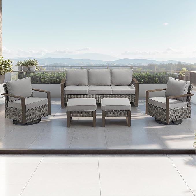 Outdoor Wicker Patio Furniture Set - 5 Piece Patio Conversation Set with 2 Wicker Swivel Rocker Chairs,2 Rattan Ottoman and 1 Couch,Thick Cushions,Deep Seating,Wide Armrest(Mixed Grey/Grey)