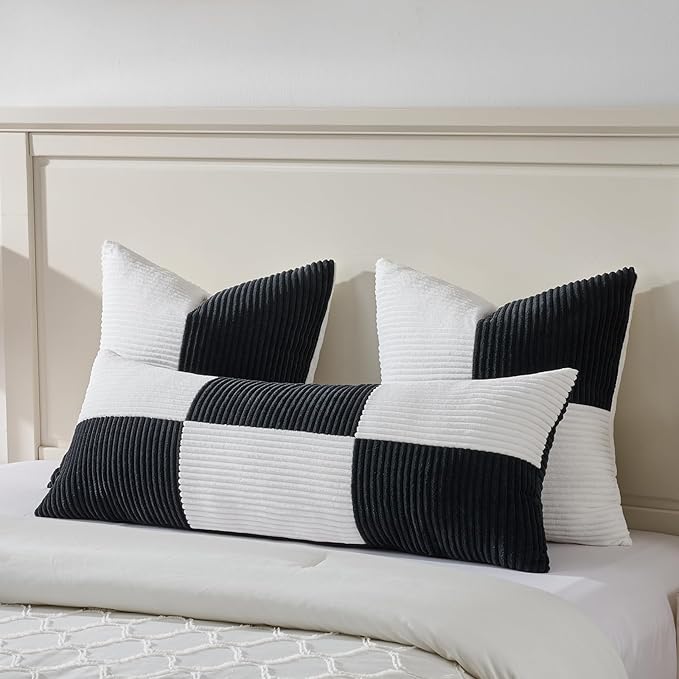 Fancy Homi Set of 2 Black White Euro Decorative Throw Pillow Covers 28x28 Inch for Bedroom Couch Bed, Farmhouse Boho Home Decor, Soft Cross Corduroy Patchwork Textured Square Cushion Case 71x71 cm