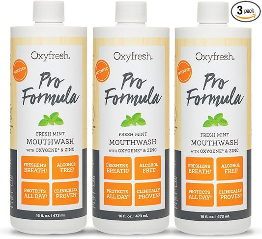 Oxyfresh Pro Formula Fresh Mint Mouthwash – Patented Zinc Mouthrinse for Fresh Breath & Soothing Gums – Dye Free, Fluoride Free, Alcohol Free Mouthwash – 3 Bottles, 16 oz. ea.