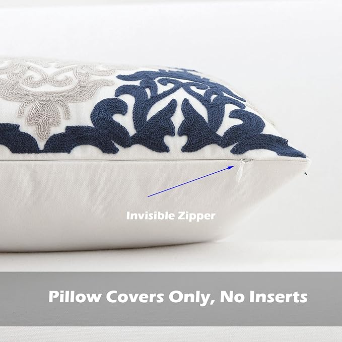 HWY 50 Navy Blue Decorative Throw Pillow Covers 18x18 Inch (1 Piece), Embroidered Cotton Farmhouse Cushion Cover Pillow Case for Sofa Couch Living Room Bed Bedroon, Floral Geometric