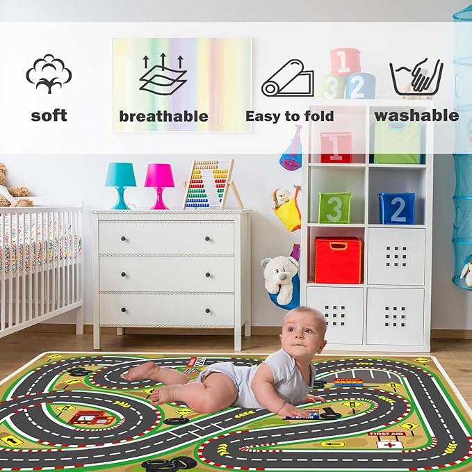 Kids Rug Play mat Playroom Rugs Car Rugs for Kids Toy Cars Race Track for Classroom Rug (Race-Brown, 6.6x9.8ft)