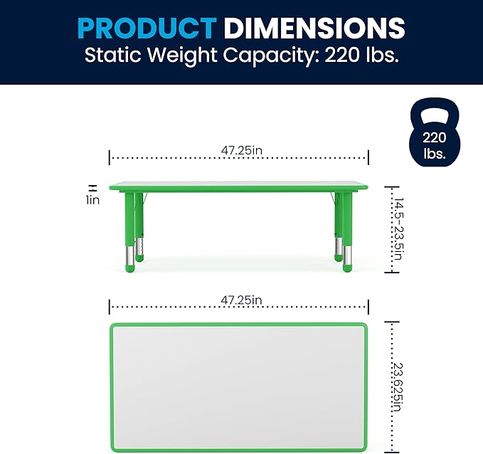 Flash Furniture Wren 23.625''W x 47.25''L Rectangular Green Plastic Height Adjustable Activity Table with Grey Top