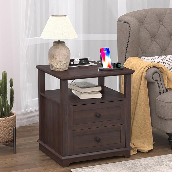 HIFYOBRO Large End Table Set of 2, 2 Drawers and Charging Station, Type-C & USB Port & Power outlets, Wooden End Table, Side Table with Storage for Living Room and Bedroom (Espresso)