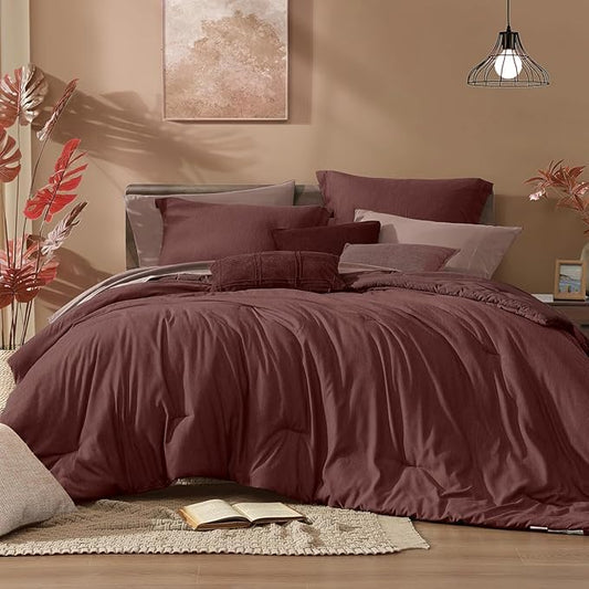 Monbix California King Comforter Set - 7 Pieces Cationic Dyeing Dark Red Bed in a Bag Cal King Bedding Sets with Comforter, Sheets, Pillowcases & Shams, Reversible Bedding Comforters Sets (108 * 92)