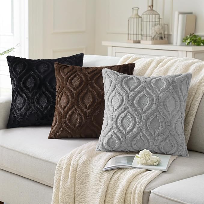 decorUhome Fall Throw Pillow Covers 22x22 Inch Set of 2, Soft Plush Decorative Faux Fur Grey Solid Couch Pillow Covers, Accent Farmhouse Neutral Square Euro Pillow Cases for Sofa Bed Living Room