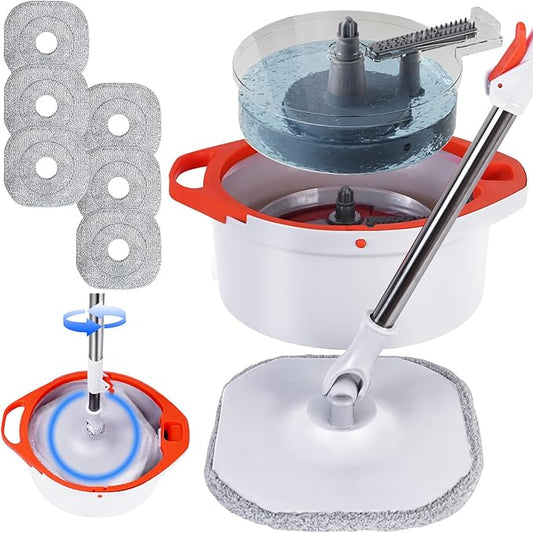 Spin Mop and Bucket Set with Separate Dirty and Clean Water,360° Spin Mop and Bucket System with Widening Foldable Handle,6 Replaceable Mop Pads,Square Mop for Floor Hardwood Wall Cleaning(White)
