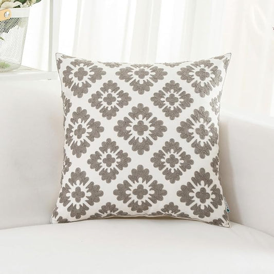 HWY 50 Grey Gray Decorative Throw Pillow Covers 18x18 Inch (1 Piece), Embroidered Cotton Farmhouse Cushion Cover Pillow Case for Sofa Couch Living Room Bed, Geometric Diamond Floral