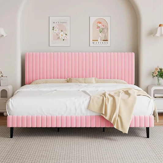 King Size Bed Frame with Headboard, Velvet Upholstered Platform Bed with Vertical Channel Tufted Design, No Box Spring Required, Easy Assembly, Pink