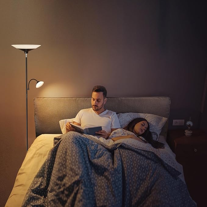 Upgraded 2-in-1 Torchiere Floor Lamp, Dimmable Standing Lamp with Remote&Touch Control, 34W Brightness Adjustable Floor Reading Light, Black Modern Corner Lamp for Living Room Bedroom Office