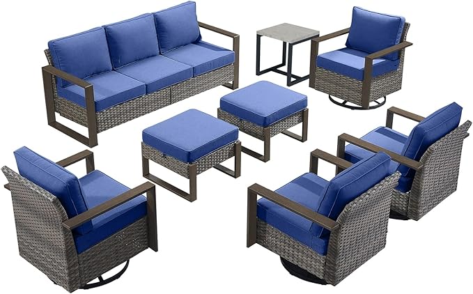 Outdoor Wicker Patio Furniture Set - 8 Piece Patio Conversation Set with 4 Wicker Swivel Rocker Chairs,2 Rattan Ottoman 1 Side Table and 1 Couch,Thick Cushions,Deep Seating(Mixed Grey/Blue)