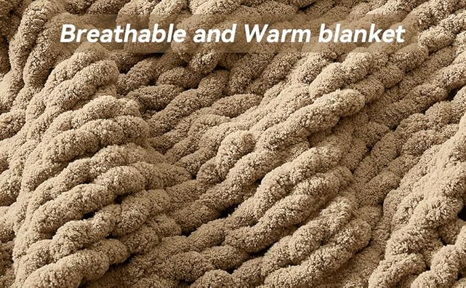 Chunky Knit Throw Blanket, 60''*80'' Knitted Throw Chenille Yarn for Bed Couch, Handmade Light Brown Crochet Big Thick Blanket, Machine Washable Cute Comfy Blanket for Home Decor
