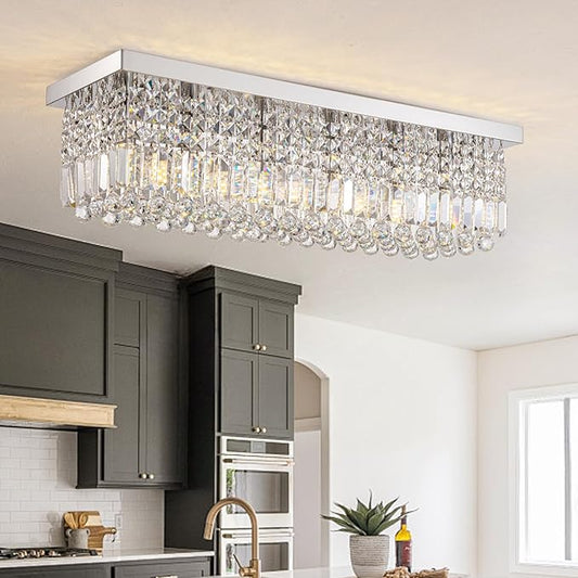 Rectangular Chandelier, Flush Mount Rectangle Chandelier Modern K9 Crystal Chandeliers Light Fixture, 6-Lights Raindrop Crystal Pendant Ceiling Light for Dining Room Bedroom Bar Club L31.5 Inch