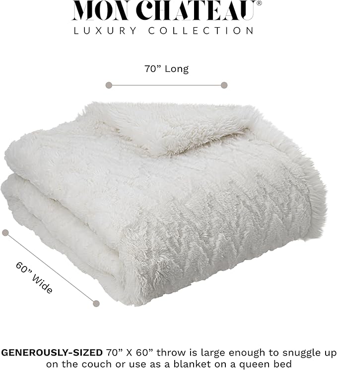 Mon Chateau Premium Reversible Queen Size Luxury Faux Fur Throw for Couch, Sofa, or Queen Size Bed - Plush Cozy Soft Blanket for Sleeping or Home Décor, 60" x 70" (Ivory Jacquard)