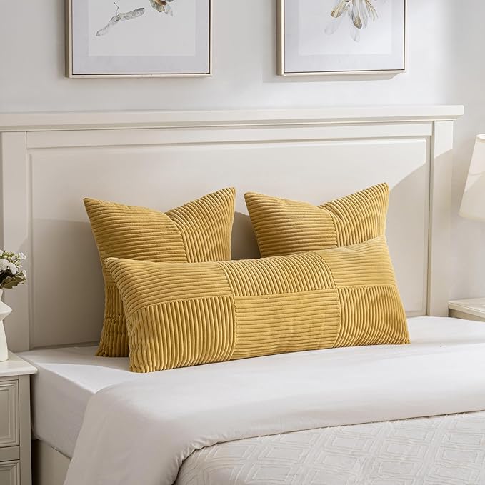 Fancy Homi 2 Packs Mustard Yellow Long Lumbar Decorative Throw Pillow Covers 16x24 Inch for Couch Bed, Rustic Farmhouse Boho Home Decor, Soft Striped Corduroy Rectangle Accent Cushion Case 40x60 cm