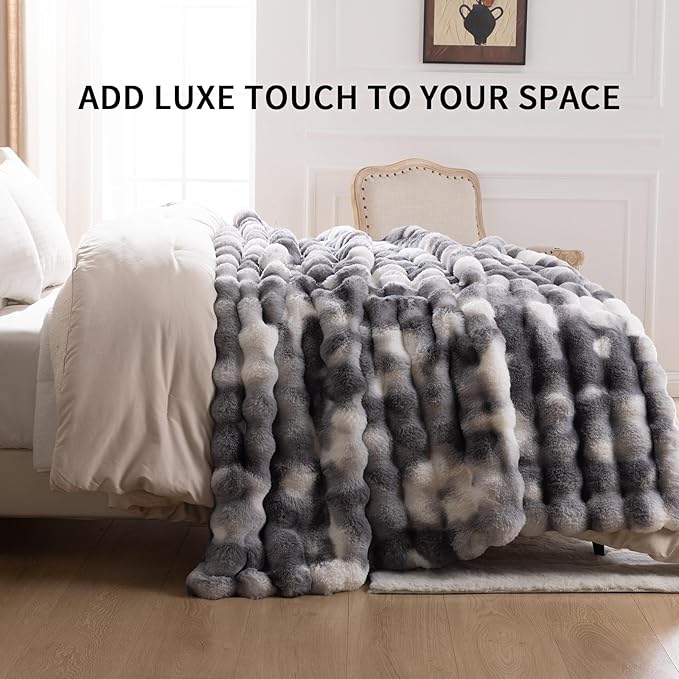 Cozy Faux Fur Throw Blanket for Bed-Warm Fuzzy Throw Blanket, Soft Plush Thick Bubble Blankets for Bedroom and Living Room, Furry Luxury Blanket, 90 x 108,Tie-Dye Grey