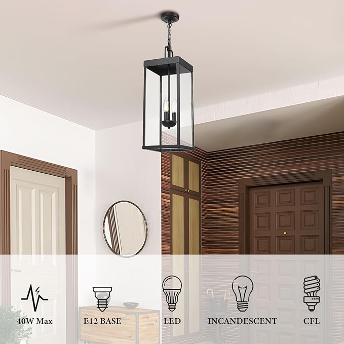 Large Outdoor Pendant Lantern Light Fixture for Front Porch, 24 Inch 3-Light Black Exterior Hanging Chandelier with Clear Glass, Outdoor Indoor Pendant Lamp for Patio, Gazebo, Entryway, Doorway