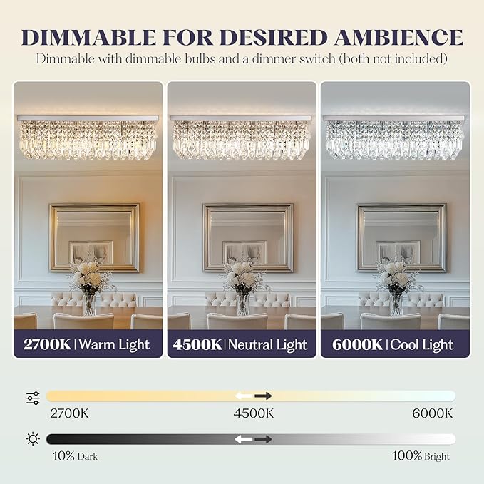 Rectangular Chandelier, Flush Mount Rectangle Chandelier Modern K9 Crystal Chandeliers Light Fixture, 6-Lights Raindrop Crystal Pendant Ceiling Light for Dining Room Bedroom Bar Club L31.5 Inch