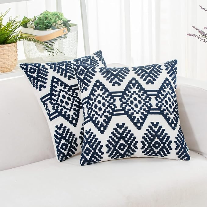 HWY 50 Navy Blue Decorative Throw Pillow Covers 18x18 Inch, Pack of 2 Embroidered Cotton Farmhouse Cushion Cover Pillow Case for Sofa Couch Living Room Bed Bedroon, Diamond Geometric Design