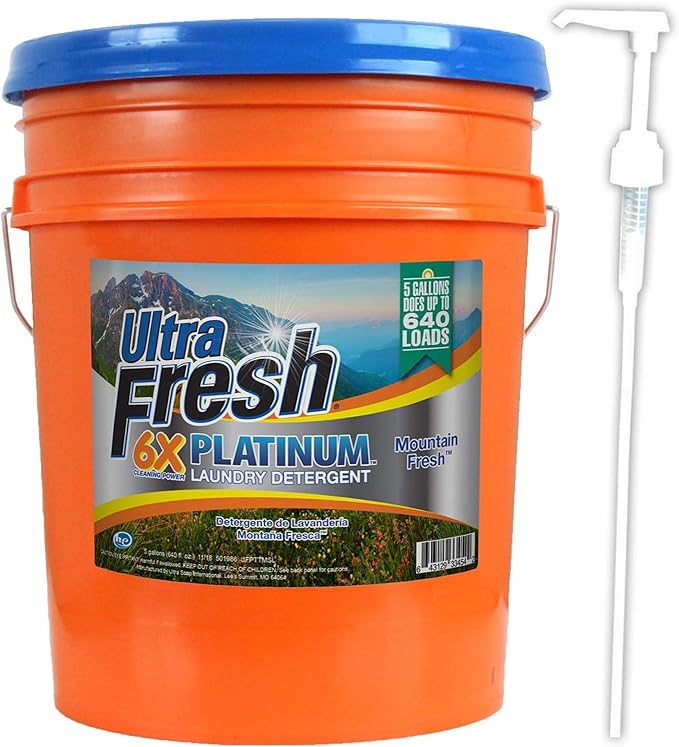 Ultra Fresh 5 Gallon Liquid Laundry Detergent Washing Soap for All Machine Types, 6X Platinum, Up to 640 Loads, Mountain Fresh