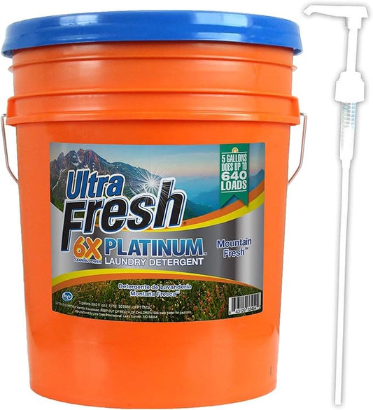 Ultra Fresh 5 Gallon Liquid Laundry Detergent Washing Soap for All Machine Types, 6X Platinum, Up to 640 Loads, Mountain Fresh