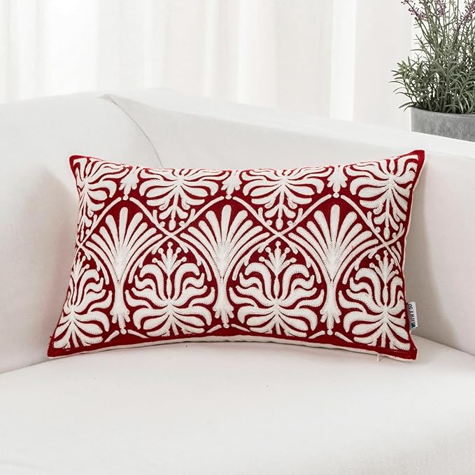 HWY 50 Burgundy Red Decorative Lumbar Pillow Cover Rectangle 12x20 Inch (1 Piece), Embroidered Cotton Farmhouse Cushion Cover Pillow Case for Sofa Couch Living Room Bed, Minimalist Floral