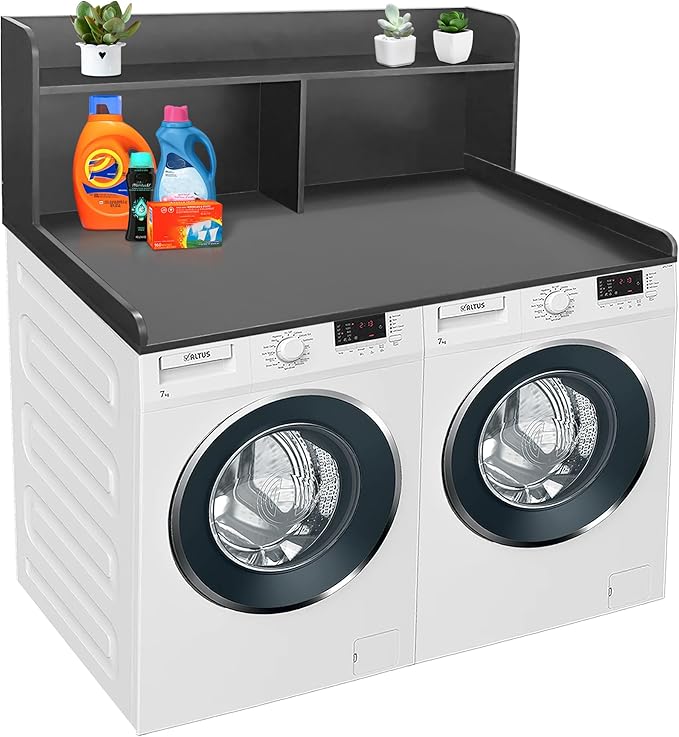 Royxen 2-Tier Washer Dryer Countertop,19.5"H Wood Washer and Dryer Topper with Storage Shelf,Laundry Countertop Over Washer Machine, Universal Fit for Laundry Room Organization (Black, 54"W X 27.5"D)