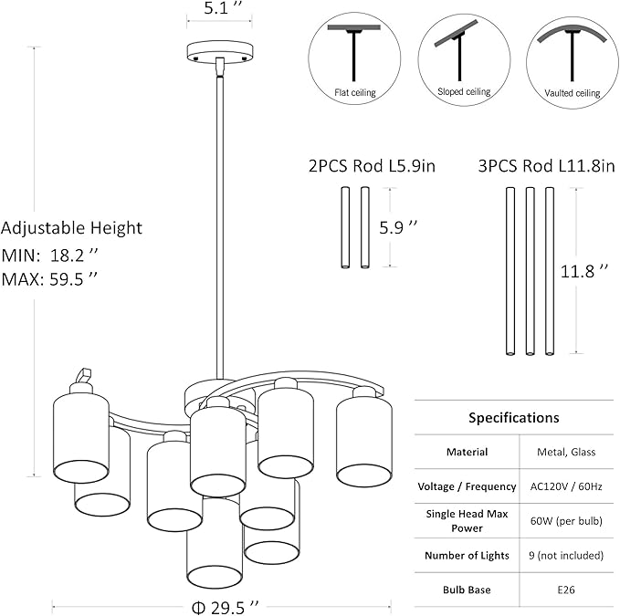 9-Light Black Modern Chandeliers for Dining Room, Adjustable Height Farmhouse Kitchen Island Lighting, Industrial Hanging Light Fixtures for Living Room Bedroom, Clear Glass Shade