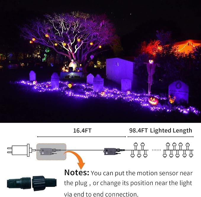 Rotu Halloween Lights Outdoor 114.8 ft 300 LED String Lights with Music Sync Spooky Sounds Halloween Decorations Fairy Lights Indoor Waterproof for Yard Porch Haunted House Decor (Purple)