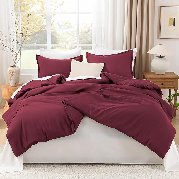 Litanika Burgundy Red Comforter Set King Size, 3 Pieces Lightweight Solid Bedding Comforter Set, All Season Fluffy Bed Set (104x90In Comforter & 2 Pillowcases)