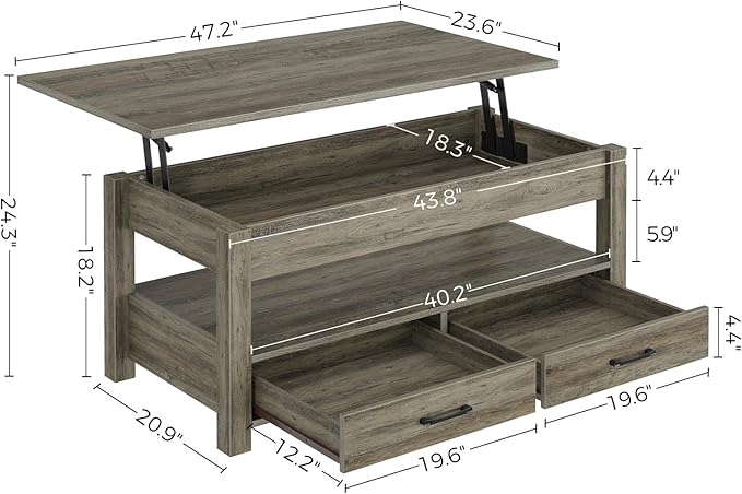 Rolanstar Coffee Table, 47.2" Lift Top Coffee Table with Drawers and Hidden Compartment, Retro Central Table with Wooden Lift Tabletop, for Living Room, Washed Oak