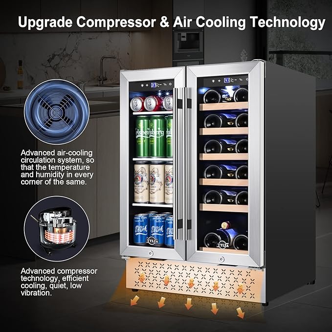 Tylza Wine and Beverage Refrigerator 24 Inch Dual Zone, French Door Wine and Beverage Cooler 24'' Built-In or Freestanding Drink Fridge, Under Counter Beer Refrigerator