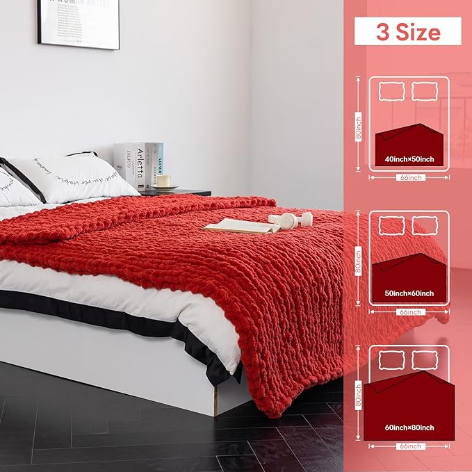 Chunky Knit Blanket - Luxury Soft Cozy Queen Size(50 * 60) Throw Blanket,100% Woven Blanket Rope Knot Throw Blanket for Couch, Sofa, Home Decor, Gift - Machine Washable（Wine red）