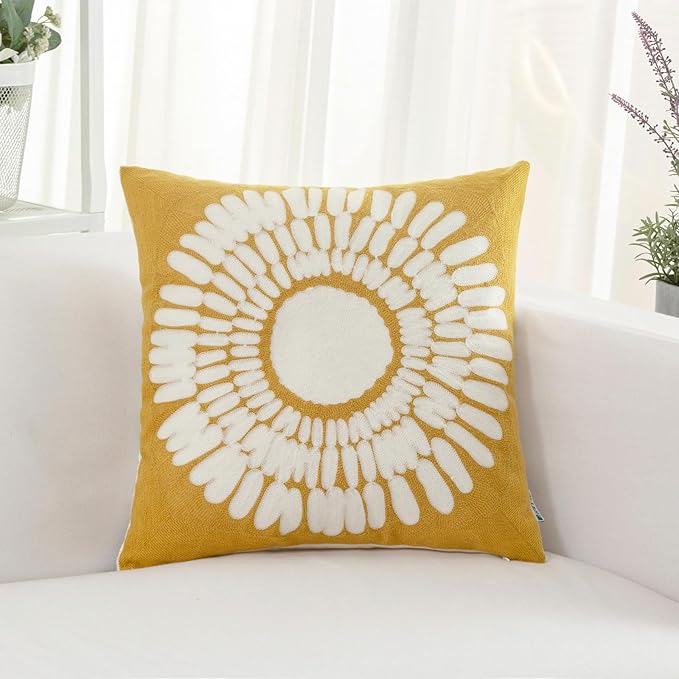 HWY 50 Mustard Yellow Decorative Throw Pillow Covers 18x18 Inch (1 Piece), Embroidered Cotton Modern Farmhouse Cushion Cover Pillow Case for Sofa Couch Living Room Bed, Sunflower