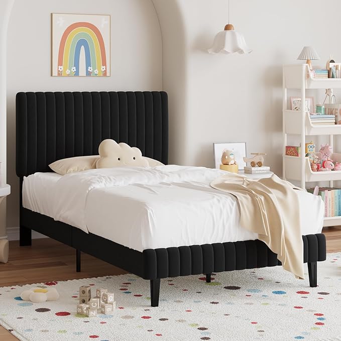 Twin Bed Frame, Velvet Upholstered Platform Bed with Vertical Channel Tufted Headboard and Footboard, No Box Spring Required, Easy Assembly, Black