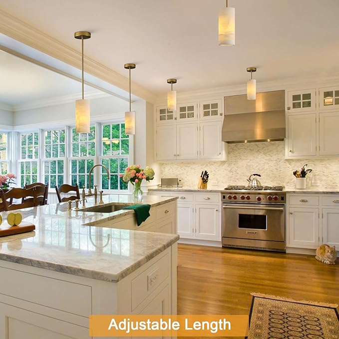 Alabaster Pendant Light Kitchen Island, H-9.5in Brass Pendant Light Fixtures with Natural Marble Shade, Adjustable Ceiling Pendant for Dining Room, Living Room, Bedroom & Bathroom