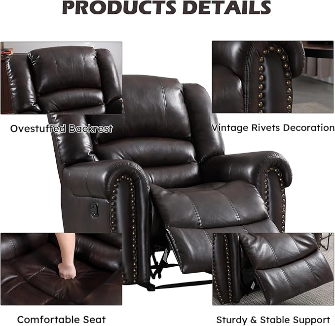 CANMOV Leather Recliner Chair, Classic and Traditional Manual Recliner Chair with Comfortable Arms and Back Single Sofa for Living Room, Dark Brown