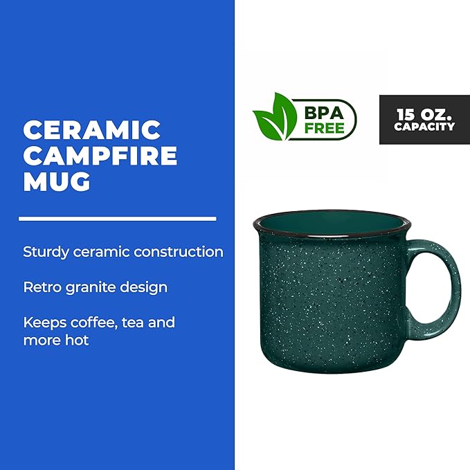 Set of 16 Ceramic Campfire Mugs – 15 Oz, Teal – Coffee & Tea Cups for Home, Work, Travel, Camping – Customizable, Great for DIY, Events, Companies