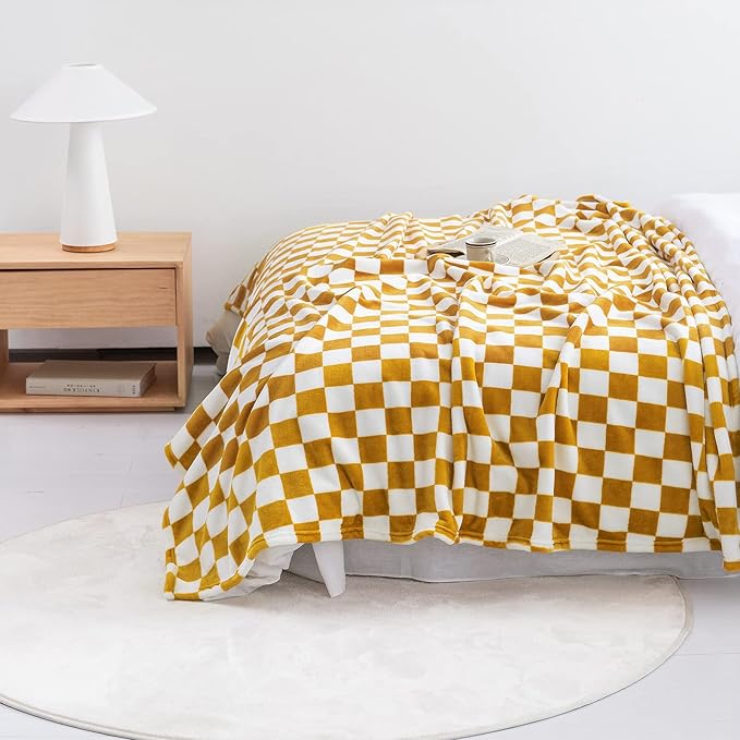 LOMAO Throw Blankets Flannel Blanket with Checkerboard Grid Pattern Soft Throw Blanket for Couch, Bed, Sofa Luxurious Warm and Cozy for All Seasons (Yellow, 50"x60")