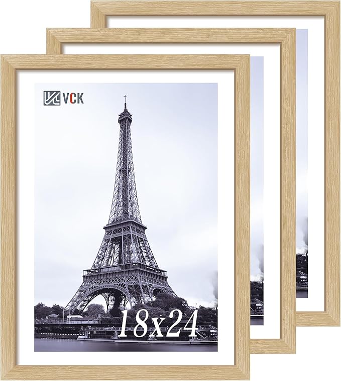 VCK 18x24 Oak Wood Frame for Poster & Picture, Natural Solid Wood Photo Frames 3 Pack, Wall Mounting Hanging