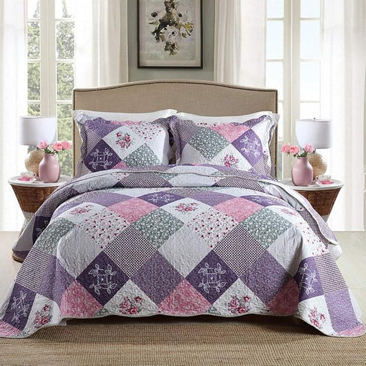 NEWLAKE Quilt Bedspread Sets-Floral Checkered Pattern Reversible Coverlet Set,Queen Size