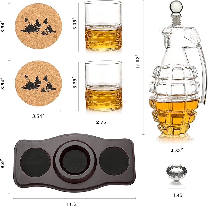 Whiskey Decanter Set Grenade Shaped Liquor Decanter Set with 2 Glasses - Scotch Bourbon Drinking Gift for Men&Women Dad Husband Boyfriend Brother Anniversary Birthday Christmas House Warming Present