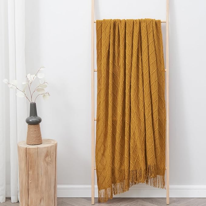 inhand Knitted Fall Throw Blanket for Couch and Bed, Knit Fall Decor Halloween Blanket with Tassel, Brown Lightweight Decorative Farmhouse Warm Woven Blankets and Throws for Women, 50"x60"