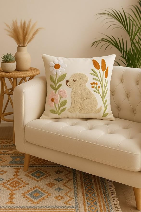 katre home madame & textile Embroidered Dog Pillow Cover – 18x18 inch Handmade Punch Needle Cushion – Boho Cotton Throw Pillow for Couch, Bed, or Gift for Dog Lovers