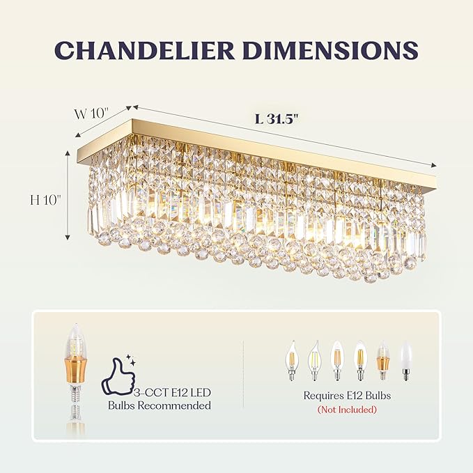 Modern Crystal Chandelier, 6 Lights Luxury Gold Rectangular Flush Mount Ceiling Light, Dining Room Light Fixture, Rectangle K9 Crystal Raindrop Chandelier for Living Room Bedroom L31.5 Inch