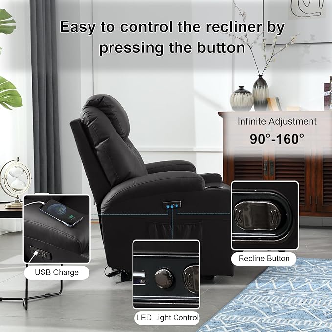 Power Recliner Chair with Heat and Massage, PU Leather Home Theater Seating with LED Lights/Cup Holders/Side Pocket/USB Port, Reclining Sofa Chair for Living Room (1, Black)