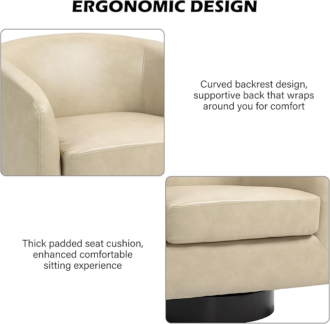 Swivel Barrel Accent Chair, Modern Round Faux Leather Arm Chair for Living Room, Bedroom, Comfy Club Reading Chairs for Adults(Faux Leather, Cream, Set of 4)